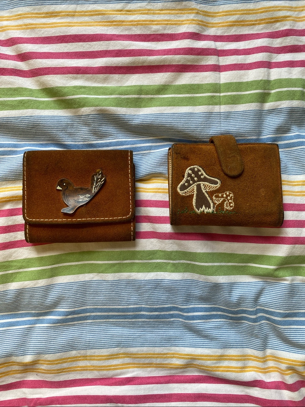 Set of 2 Suede Brown Wallet with Bird and Mushroom Motifs